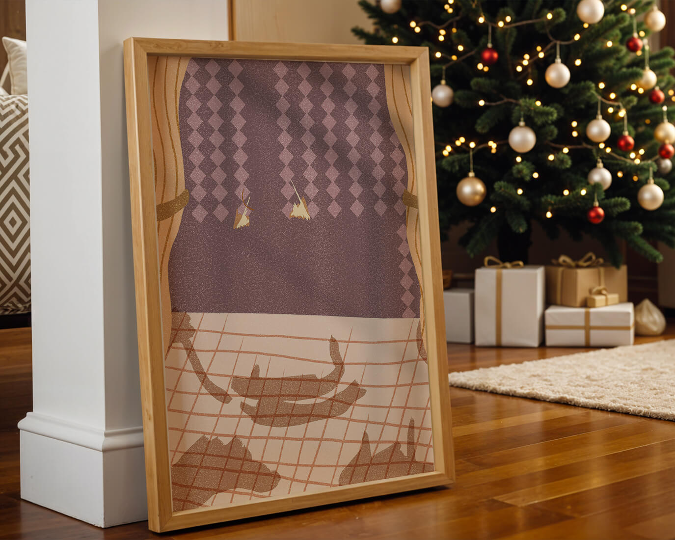 Abstract Interior with Cats' Shadows on Checkered Floor
