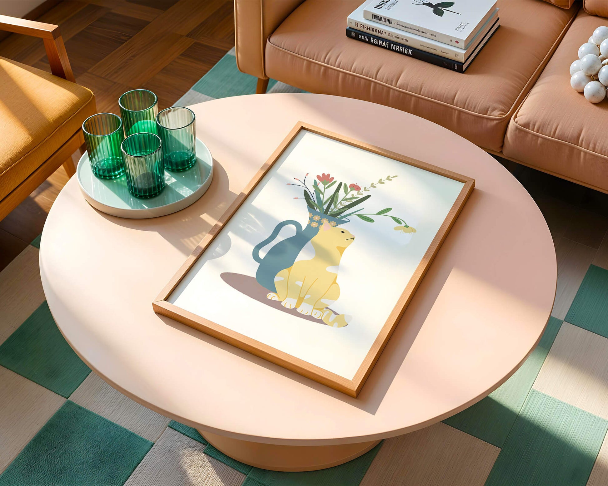 Illustration of a cat sitting beside a floral vase