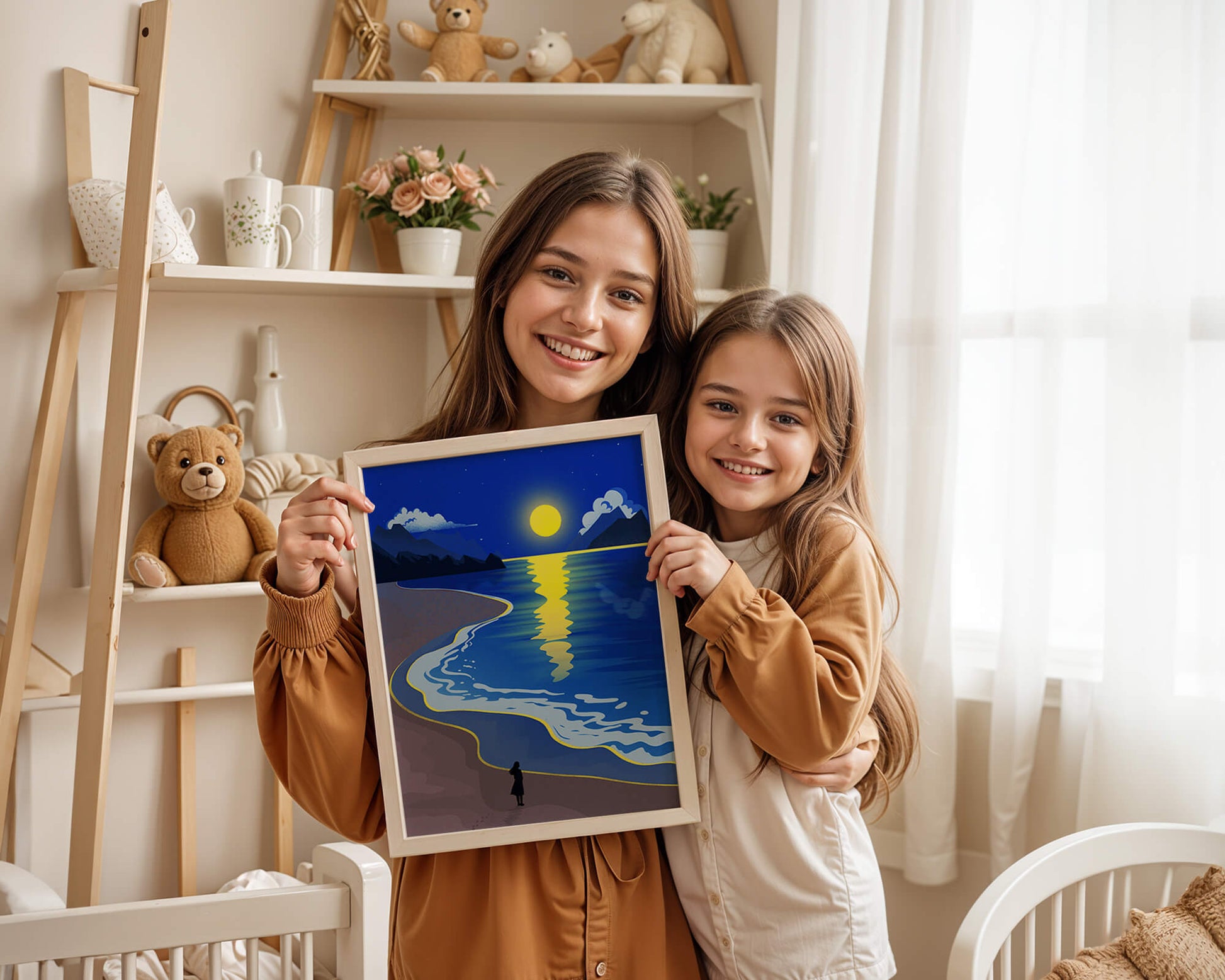 Moonlit Beach with Mountains and Reflections Under Night Sky