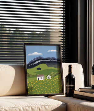Sunny Landscape with Green Fields and Mountains