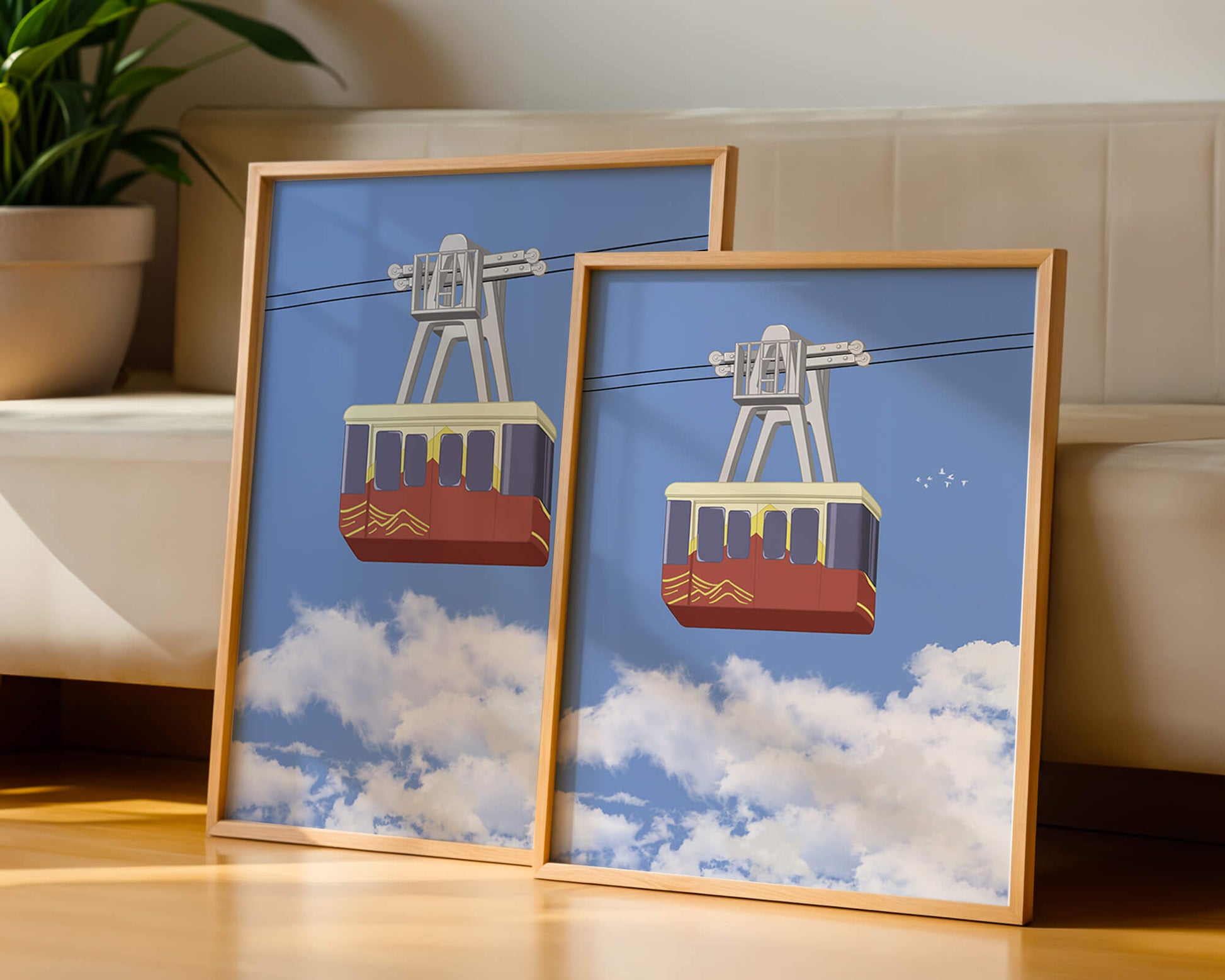 Colorful cable car against a clear blue sky