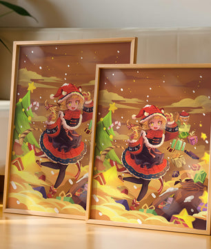 Festive anime character surrounded by gifts and holiday decor