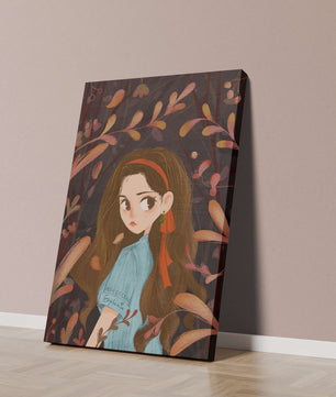 Ilustración elegante de una chica rodeada de follaje abstracto