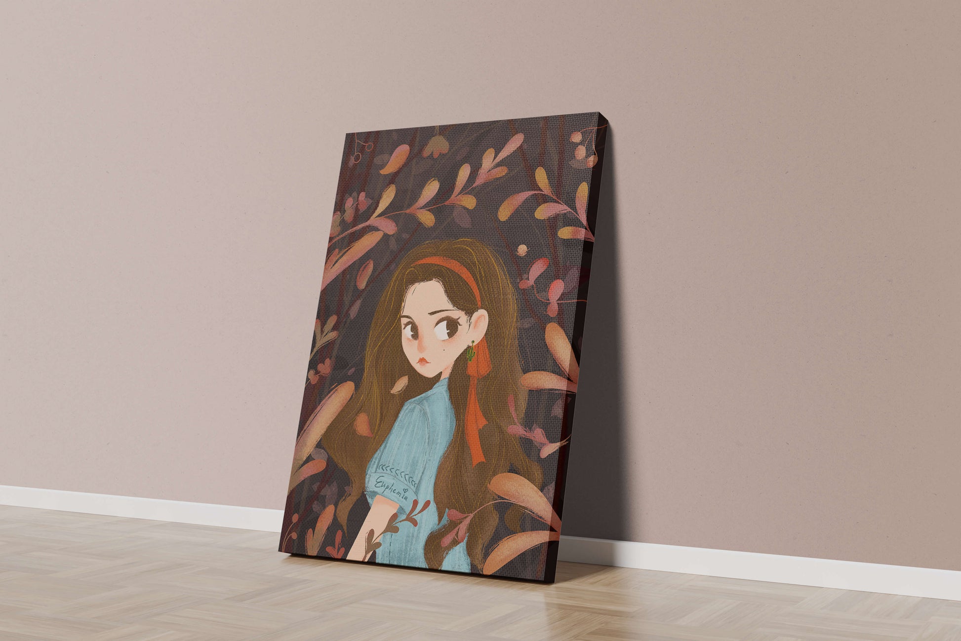 Elegante ilustración de una niña rodeada de follaje abstracto.