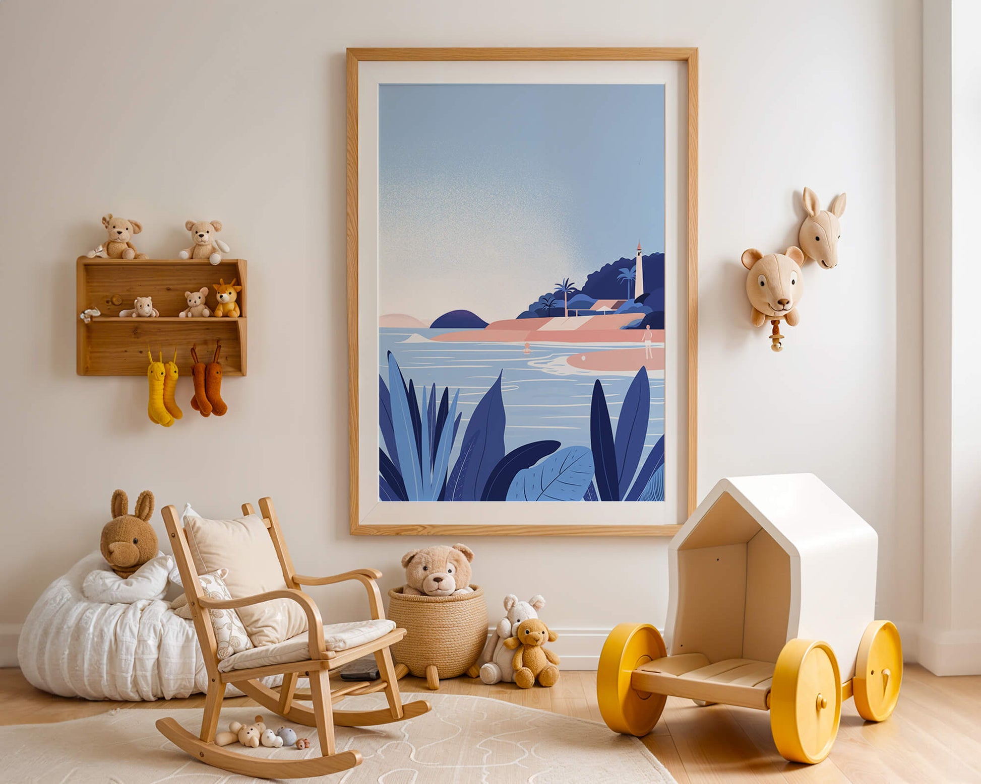 Serene seaside scene with lighthouse and tropical foliage
