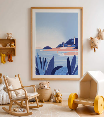 Serene seaside scene with lighthouse and tropical foliage