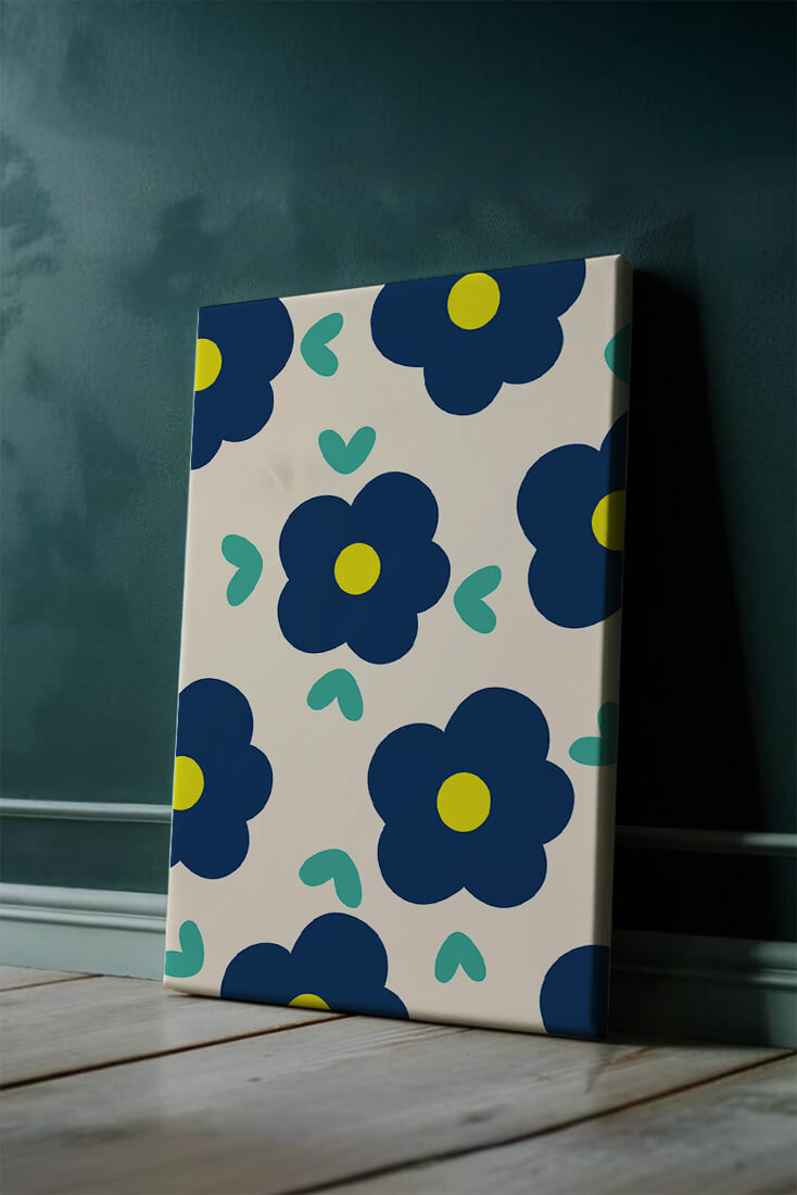 Blue floral pattern with yellow centers on cream background