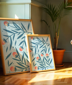 Abstract botanical pattern with colorful flowers and leaves on light blue background