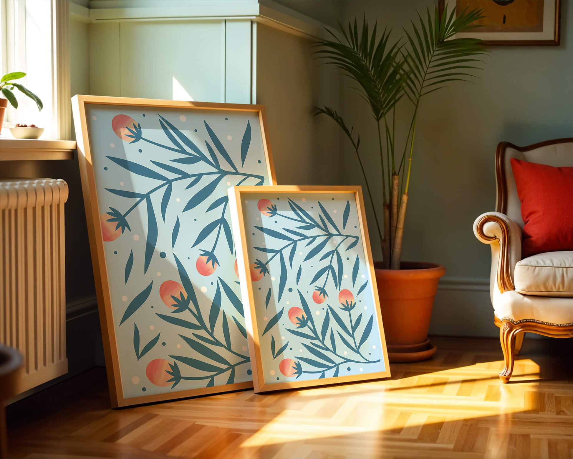 Abstract botanical pattern with colorful flowers and leaves on light blue background