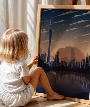 Skyline der Stadt bei Sonnenuntergang mit futuristischem Touch und Wasserspiegelung