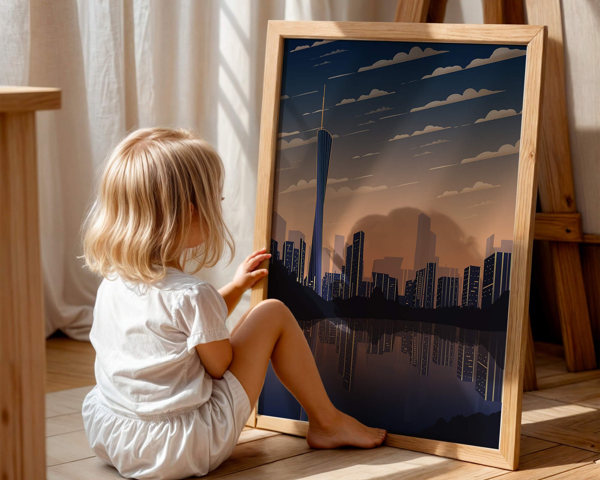 Skyline der Stadt bei Sonnenuntergang mit futuristischem Touch und Wasserspiegelung
