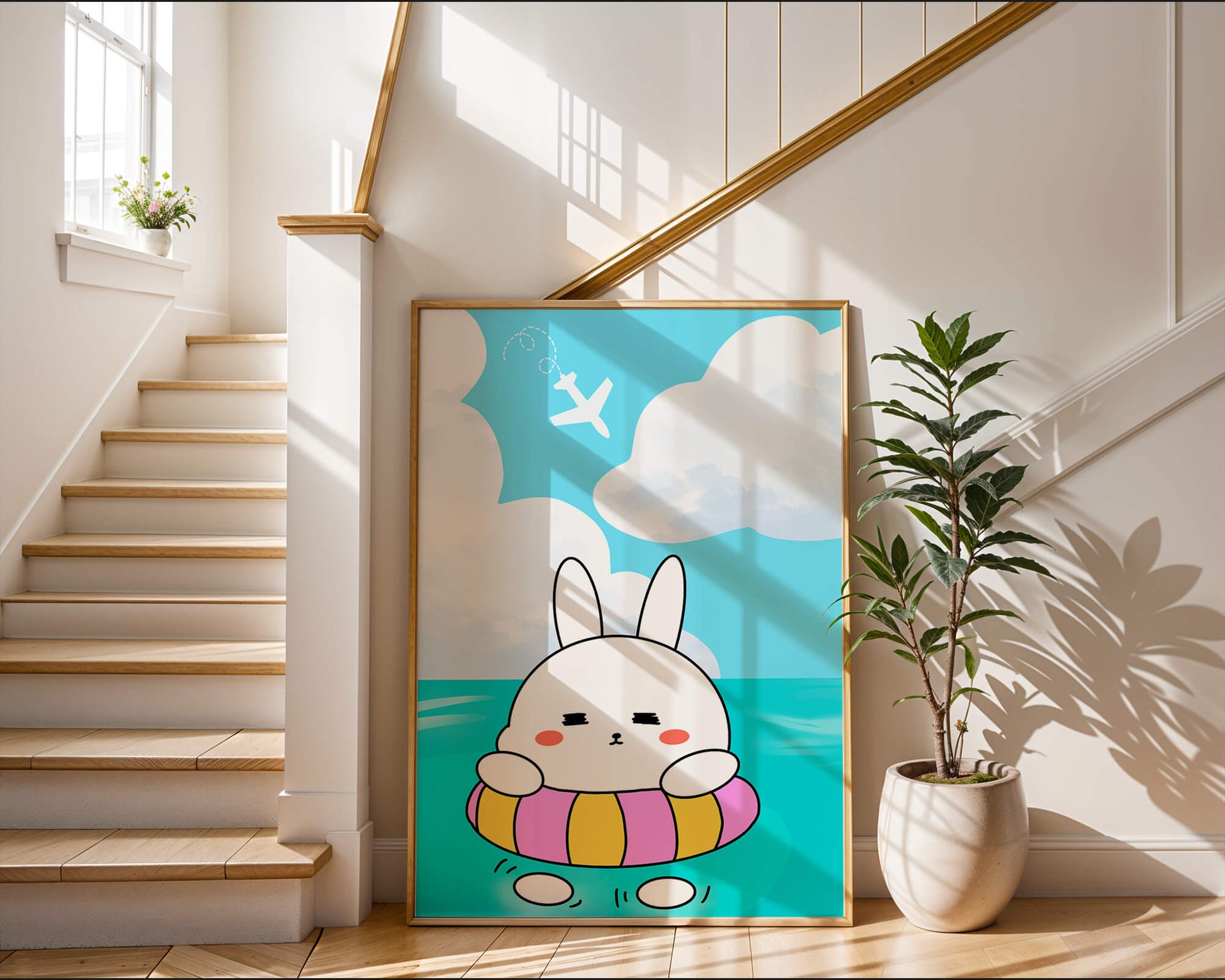 Illustration of a cute bunny floating on a colorful inflatable in a blue ocean under a bright sky with an airplane
