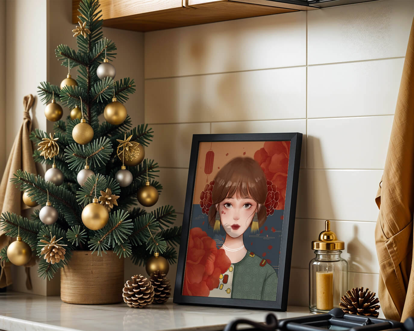 Illustration of a woman adorned with floral elements and traditional accessories