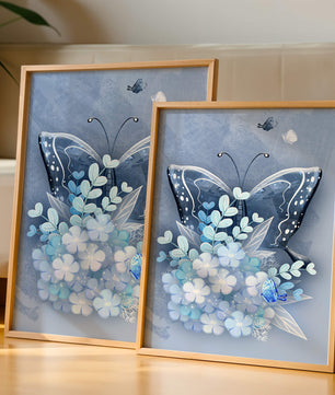 Elegant butterfly with blue floral arrangement artwork
