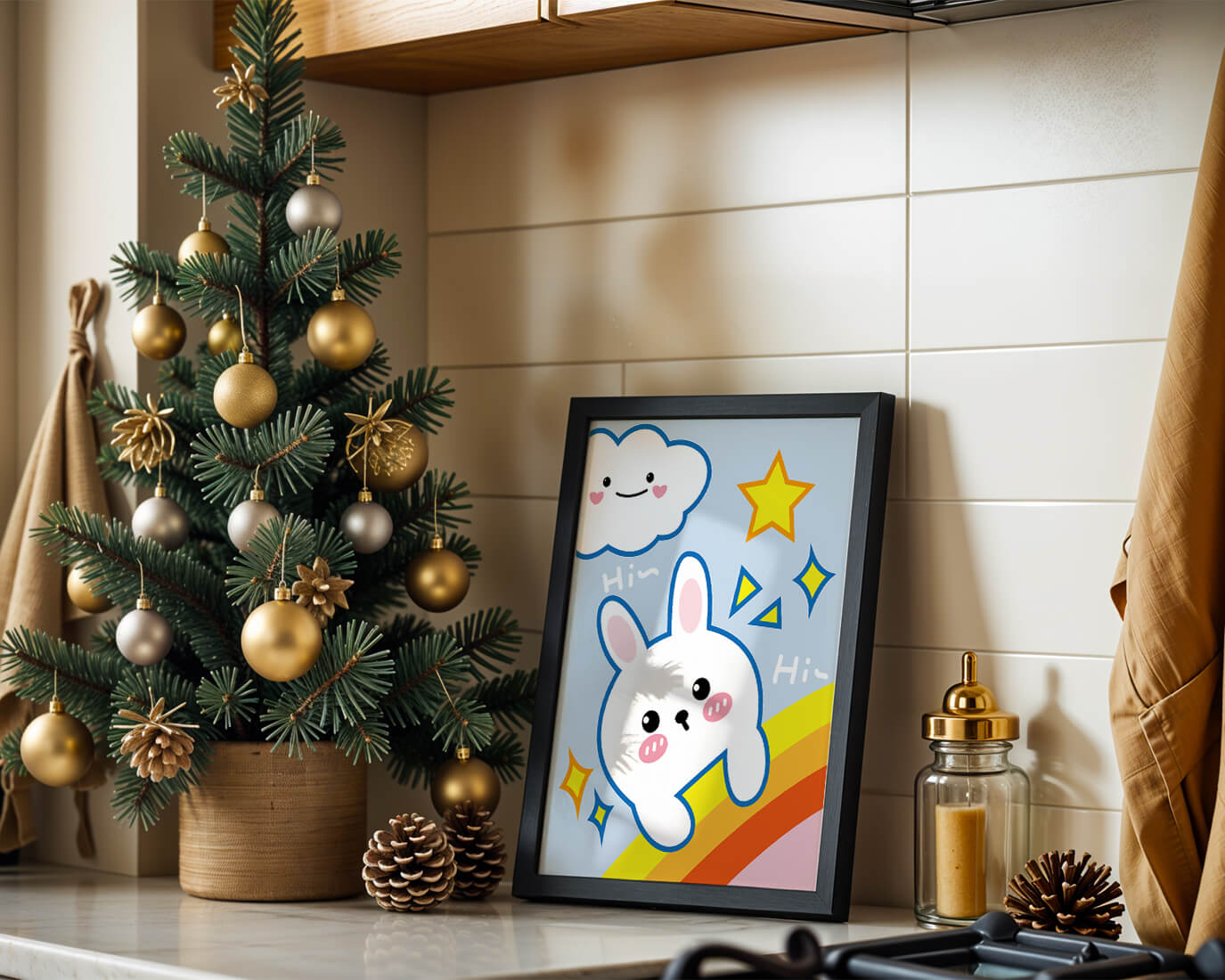 Whimsical cartoon bunny with cloud and rainbow theme