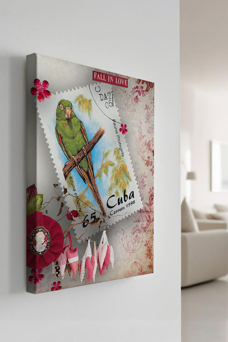 Vintage Cuban parrot stamp with romantic decorations