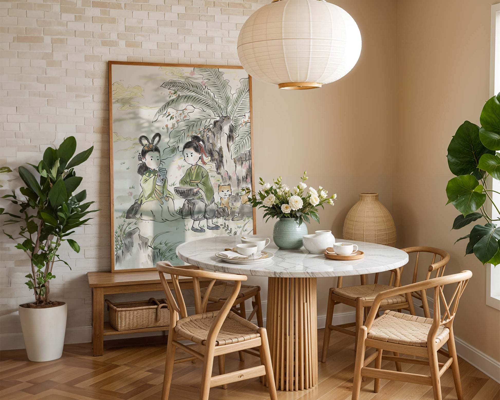 Arte asiático tradicional con dos personas y perros bajo un árbol