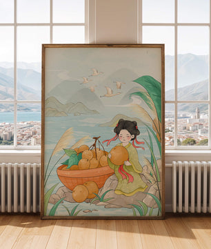 Paisaje sereno con una chica y una cesta de naranjas junto al agua