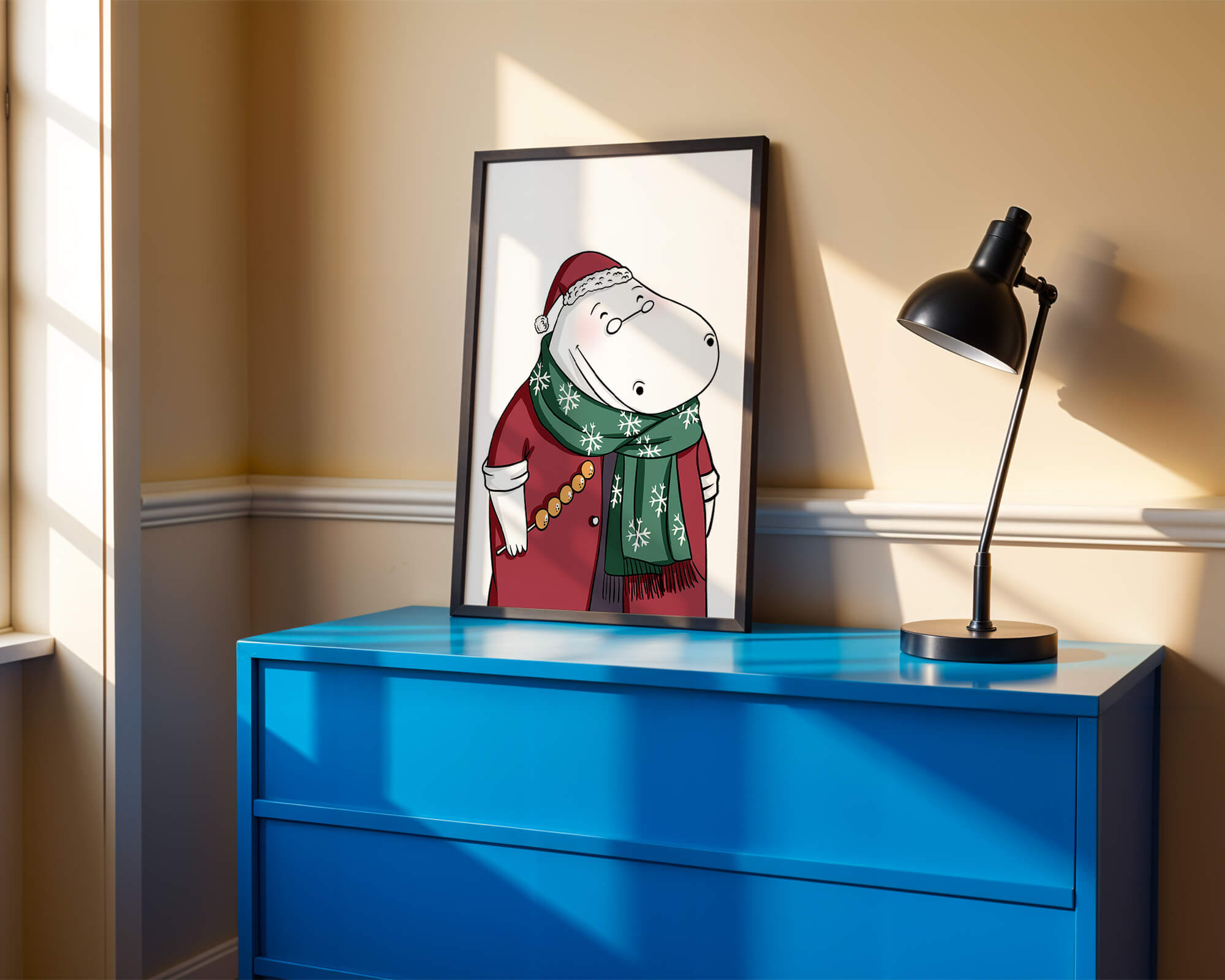 Festive hippo in a red outfit with a green snowflake scarf