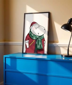 Festive hippo in a red outfit with a green snowflake scarf
