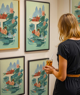 Whimsical illustration with girl, lychee, and lotus flowers