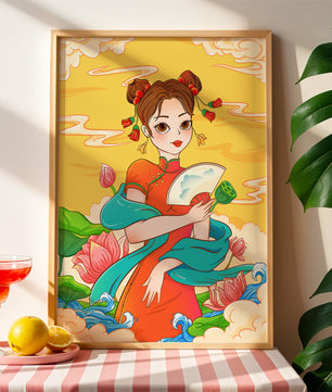 Ilustración oriental que presenta a una chica con atuendo tradicional, un abanico y flores de loto