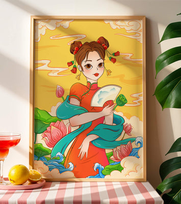 Oriental illustration featuring a girl in traditional attire with a fan and lotus flowers