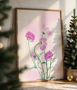 Ilustración digital de flores de cosmos rosadas sobre un fondo pastel suave