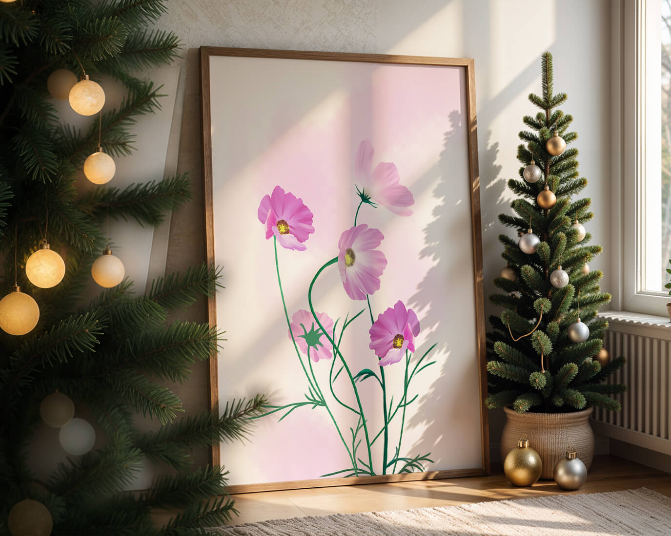 Digital illustration of pink cosmos flowers against a soft pastel background