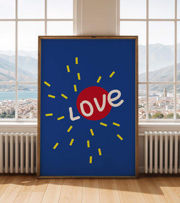 Colorful love-themed abstract design with bold elements