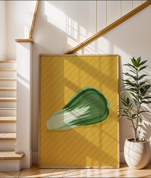 Illustrated bok choy on vibrant yellow background with stripes