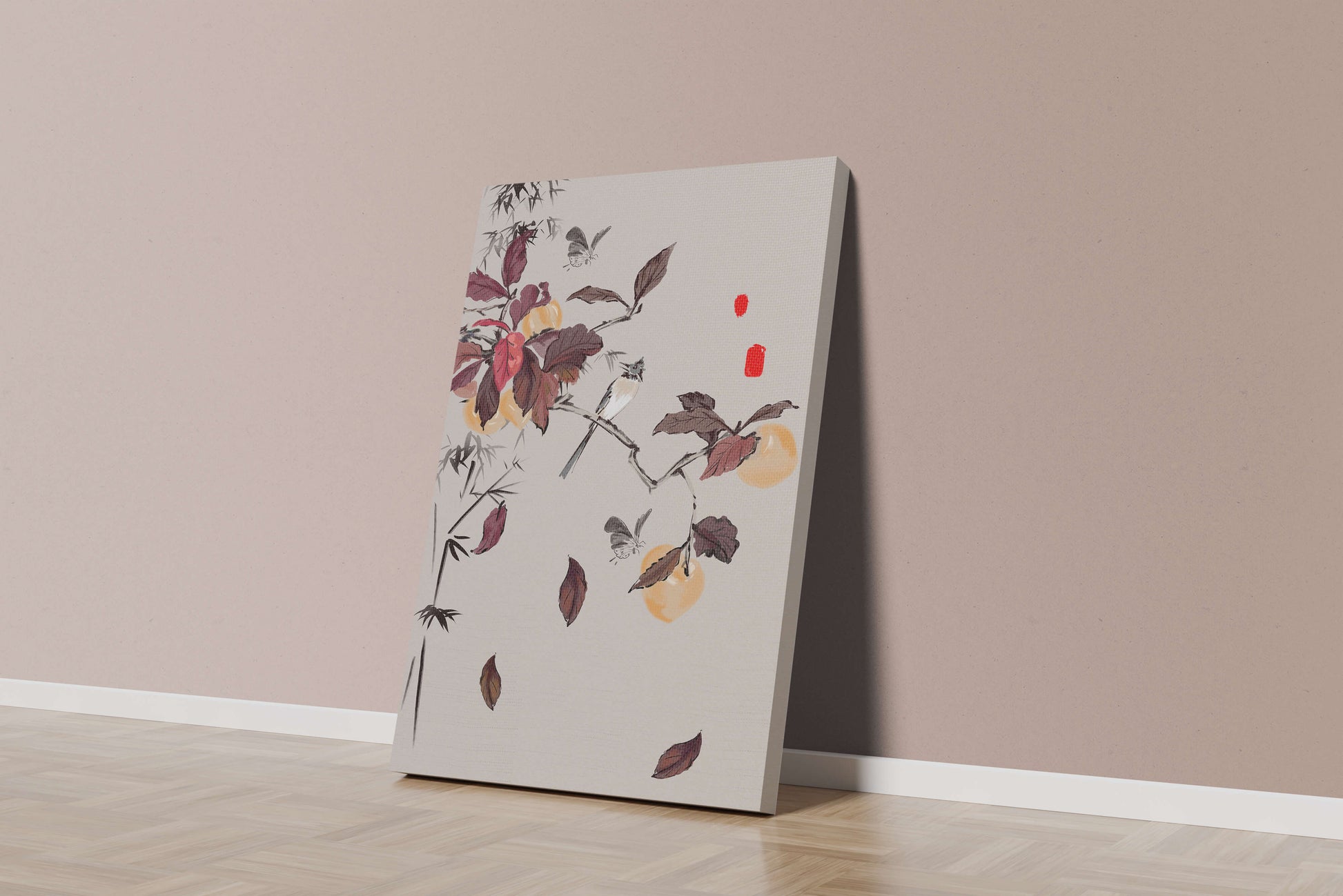 Elegant nature illustration featuring butterflies and birds on a branch
