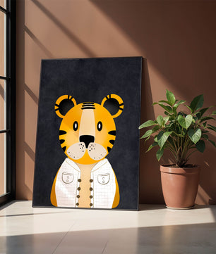 Illustration of cute cartoon tiger character in stylish outfit on dark background