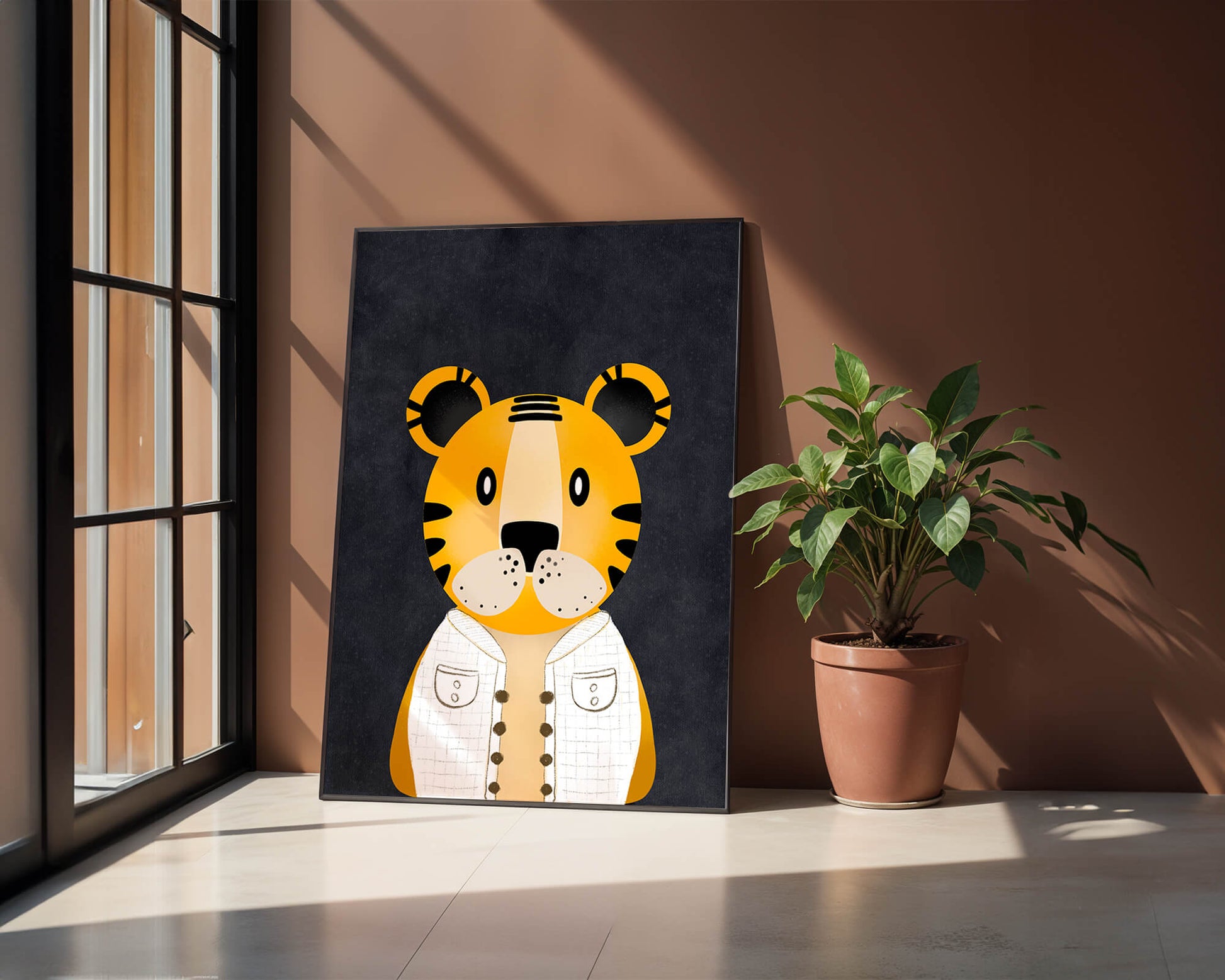 Illustration of cute cartoon tiger character in stylish outfit on dark background
