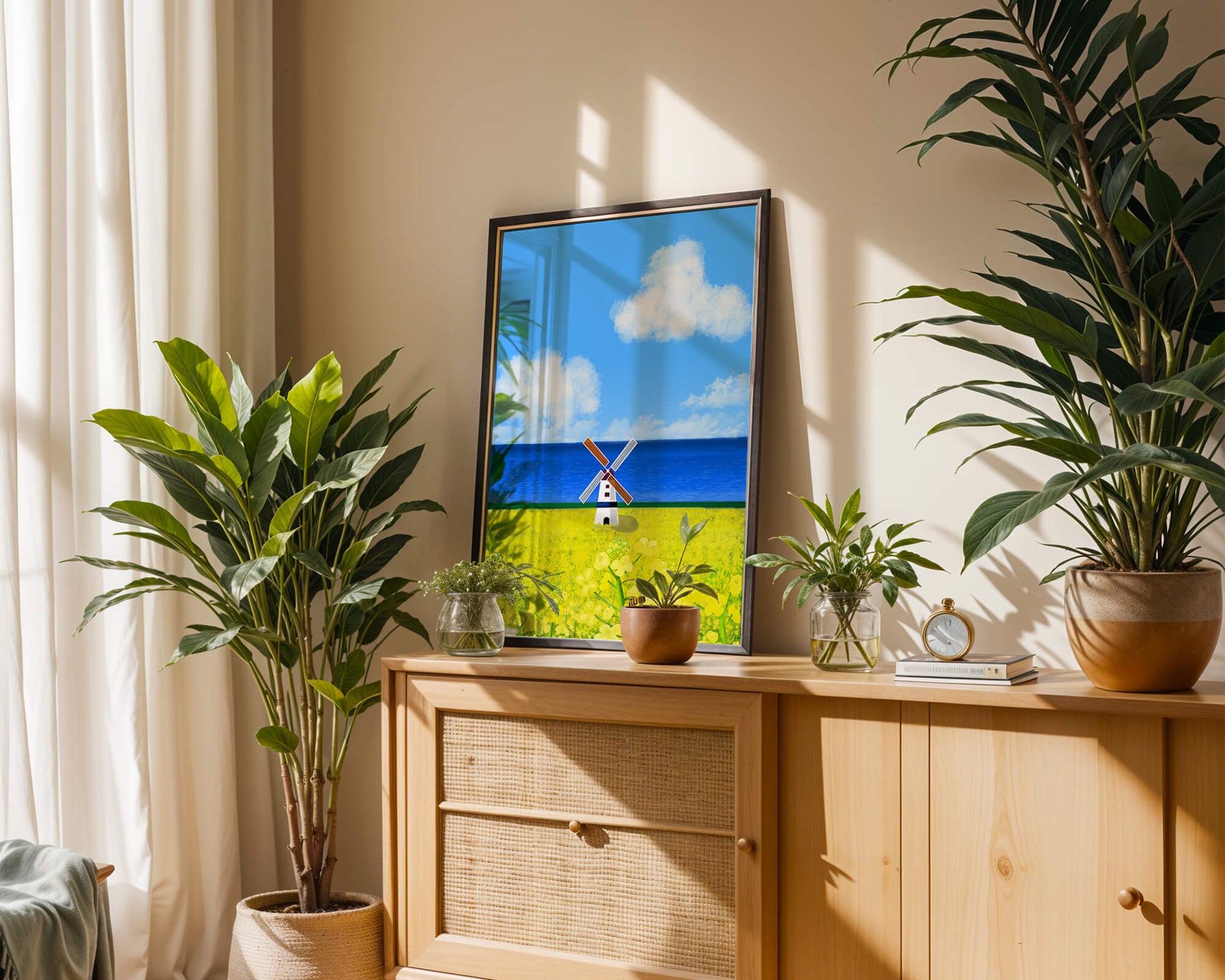 Scenic landscape with windmill in blooming field by the sea