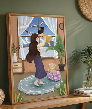 Mother and child bonding in a vibrant living room
