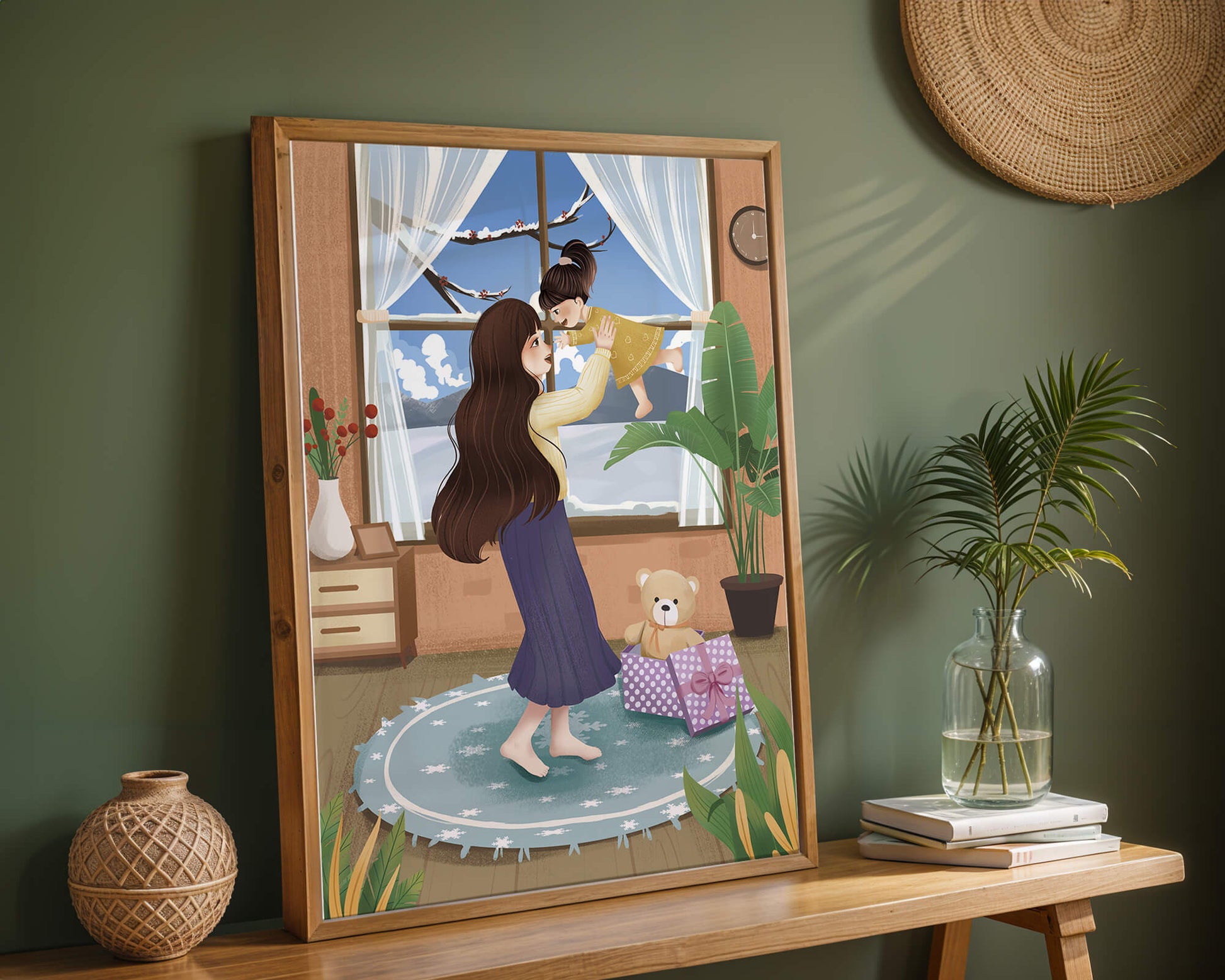 Mother and child bonding in a vibrant living room