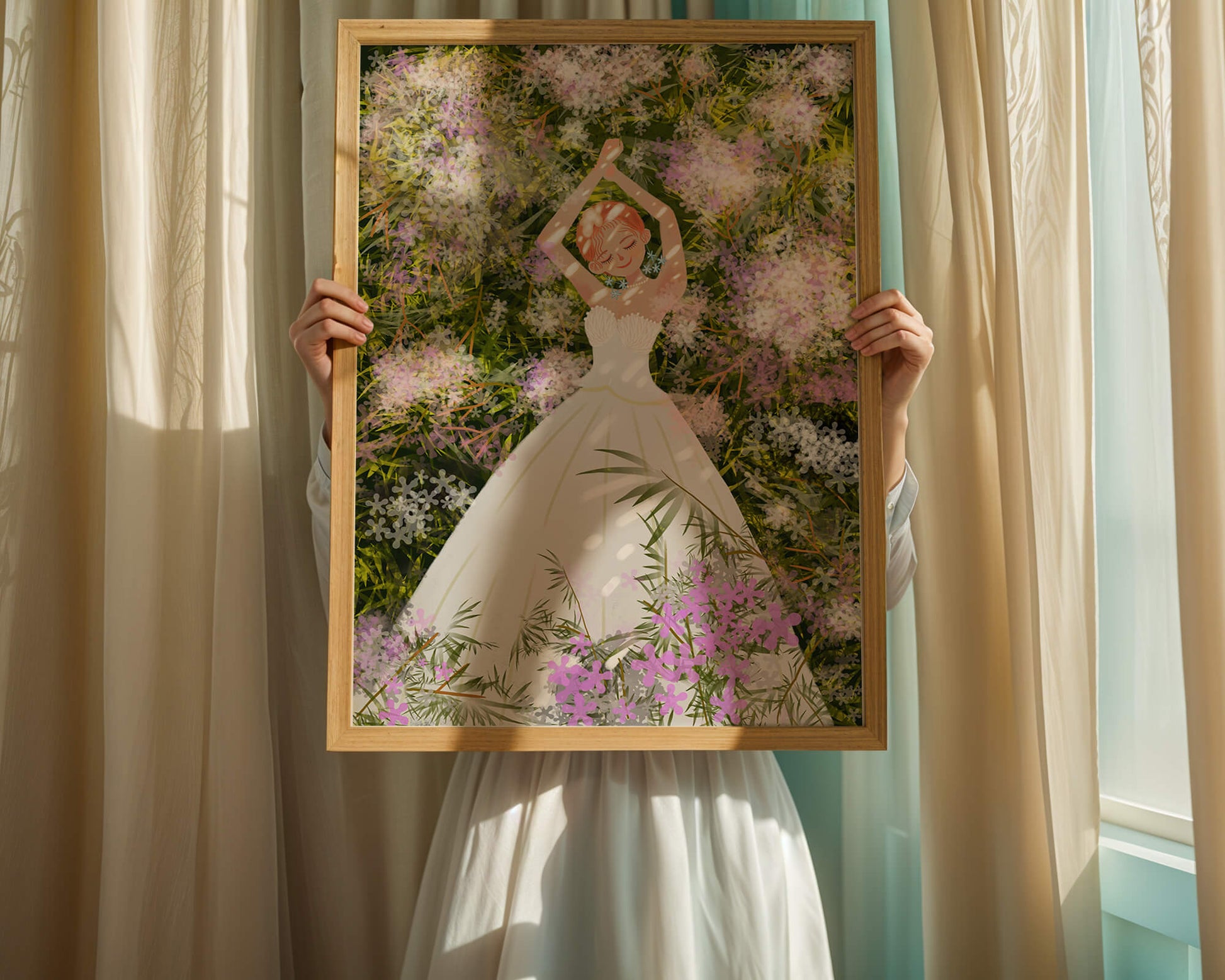 Woman in white dress lying among flowers in a garden