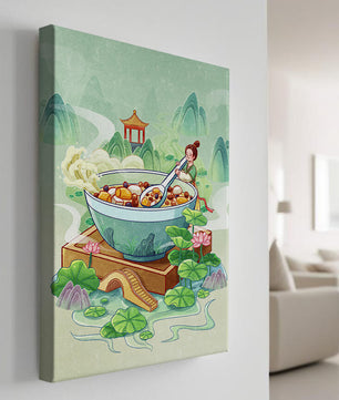 Illustration of a traditional Asian scene with large bowl and serene landscape
