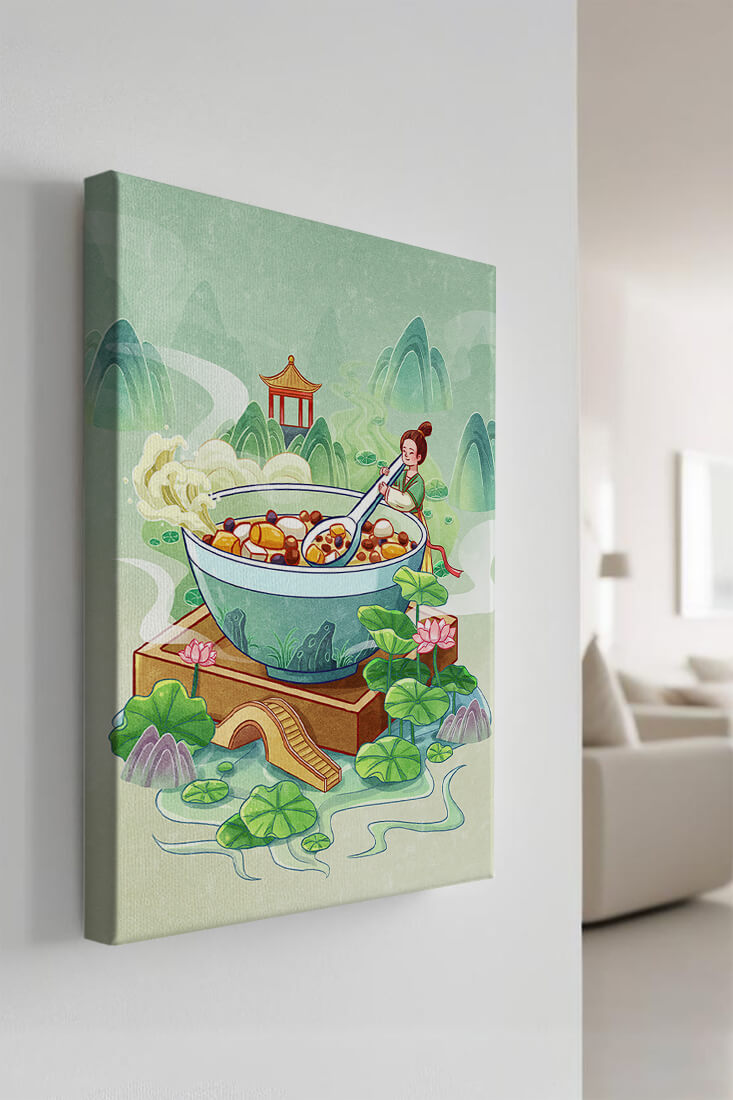 Illustration of a traditional Asian scene with large bowl and serene landscape