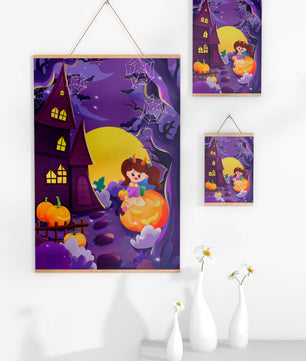 Charming Halloween scene with a girl on a pumpkin near a haunted house