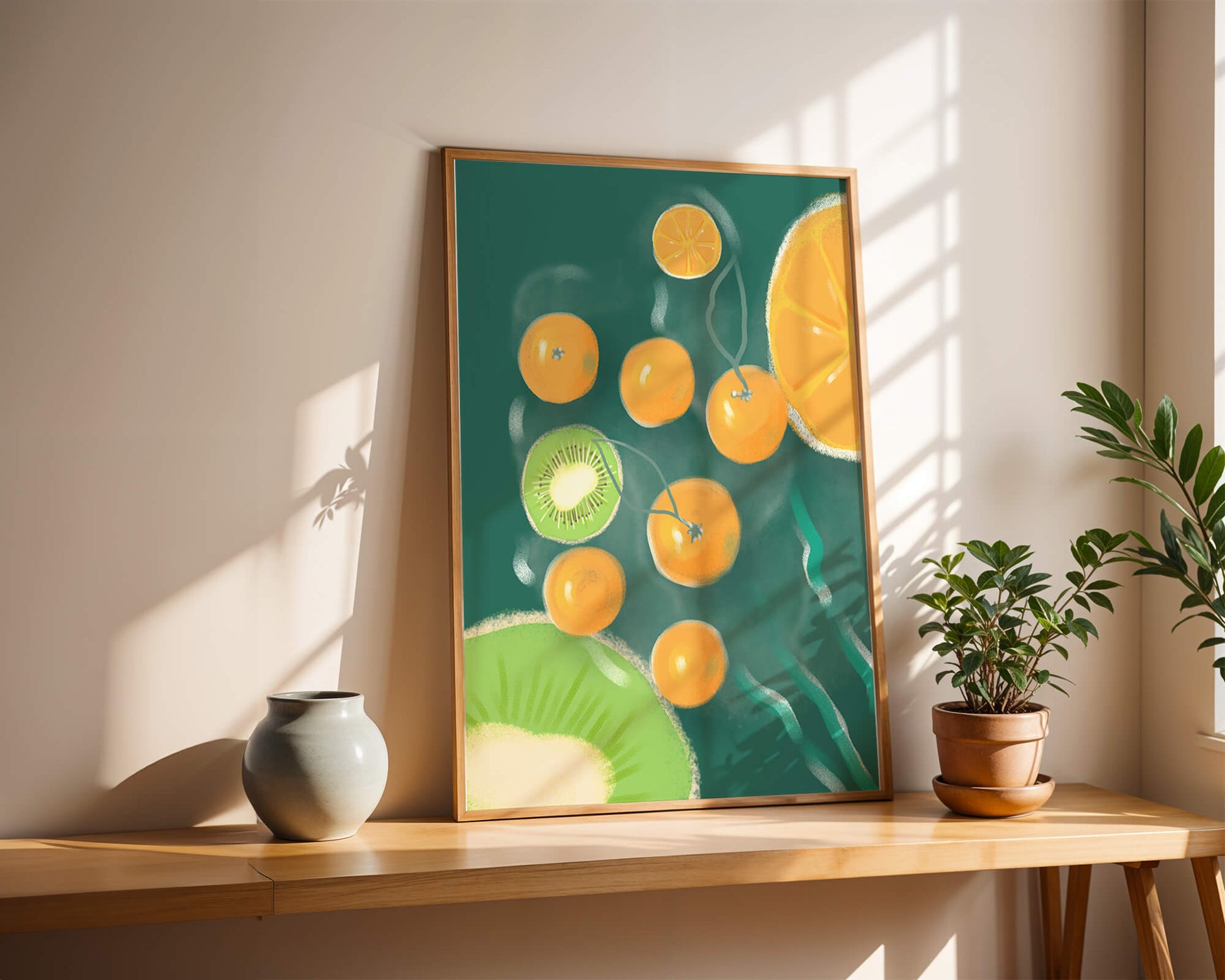 Vibrant kiwi and orange fruit pattern illustration