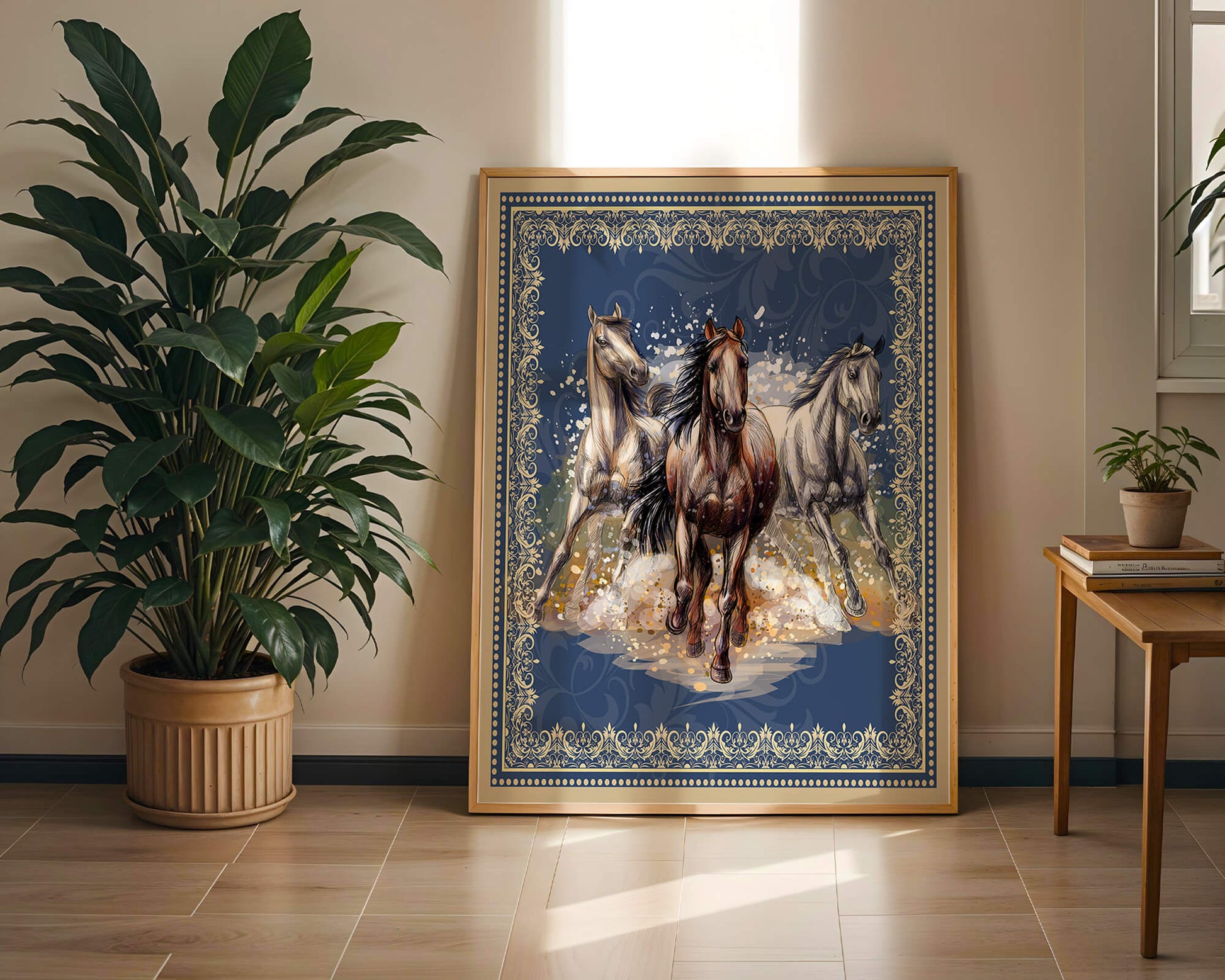 Running horses framed with elegant golden border on a blue background