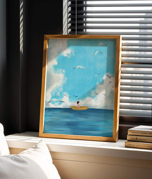 Peaceful seascape illustration with a boat and birds