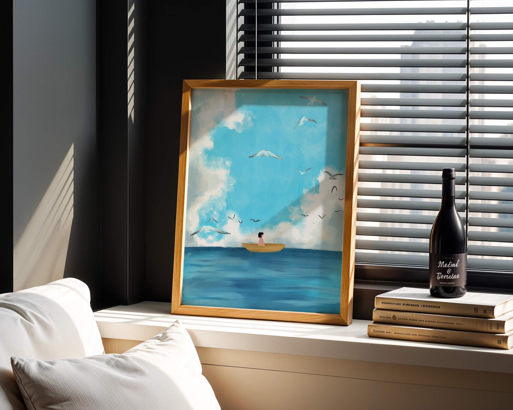 Peaceful seascape illustration with a boat and birds
