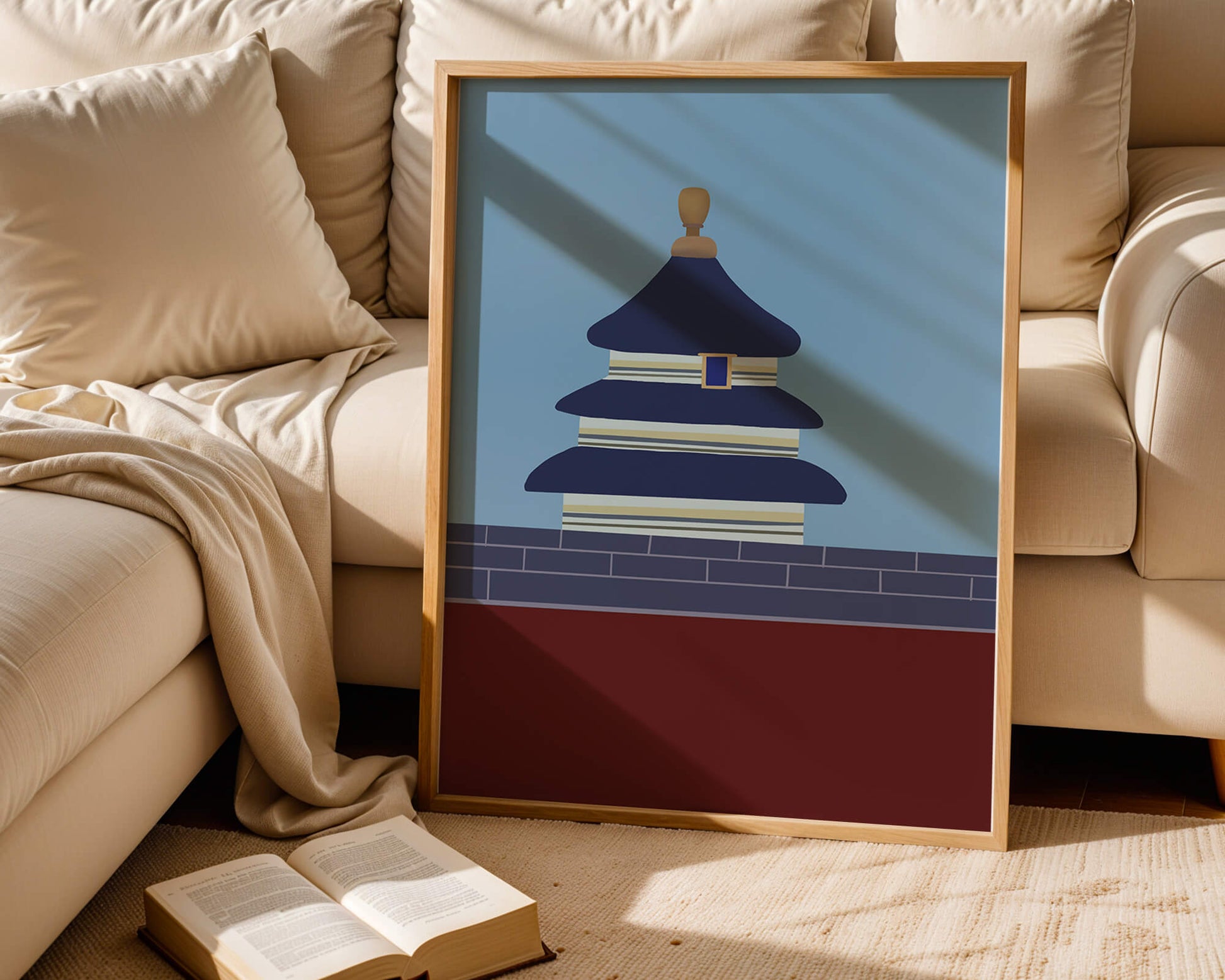 Ilustración abstracta del Templo del Cielo con detalles azules y dorados