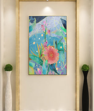 Kunst abstrak bunga yang berwarna-warni dengan bunga dan daun yang cerah