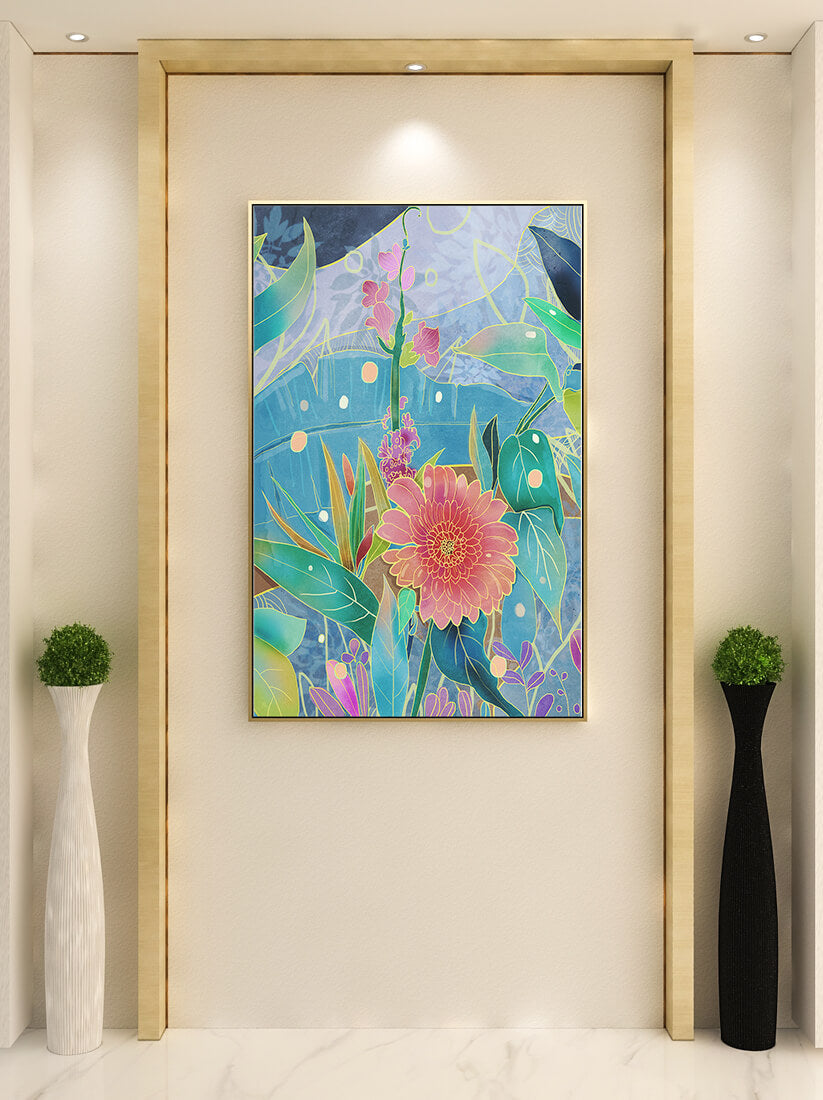 Kunst abstrak bunga yang berwarna-warni dengan bunga dan daun yang cerah