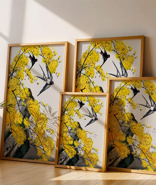 Representación artística de golondrinas entre flores amarillas vibrantes