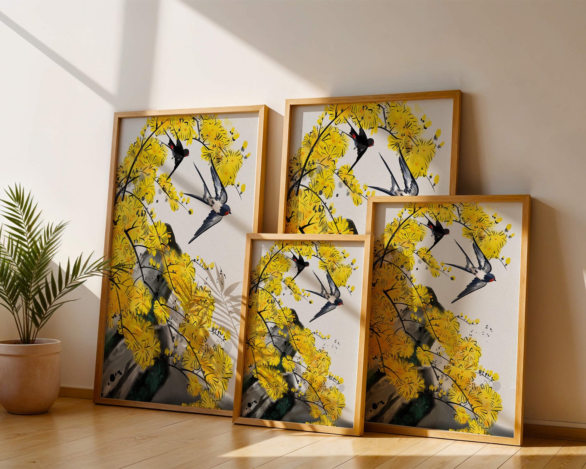 Artistic depiction of swallows amid vibrant yellow blossoms